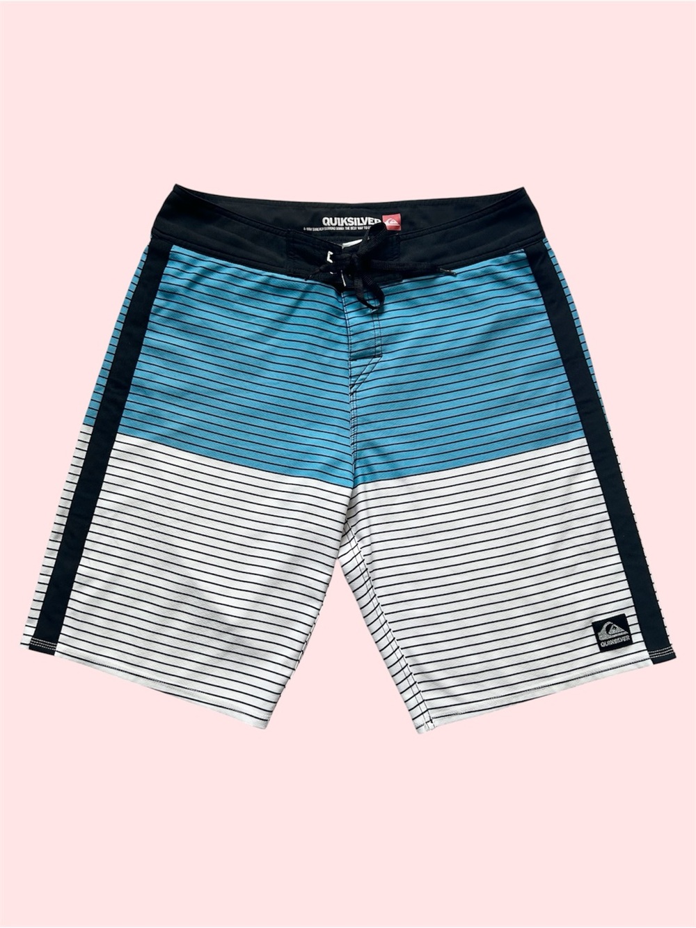 Y2K Quiksilver Board Shorts Surf 4 Way Stretch Diamond Dobby Blue Stripes 32